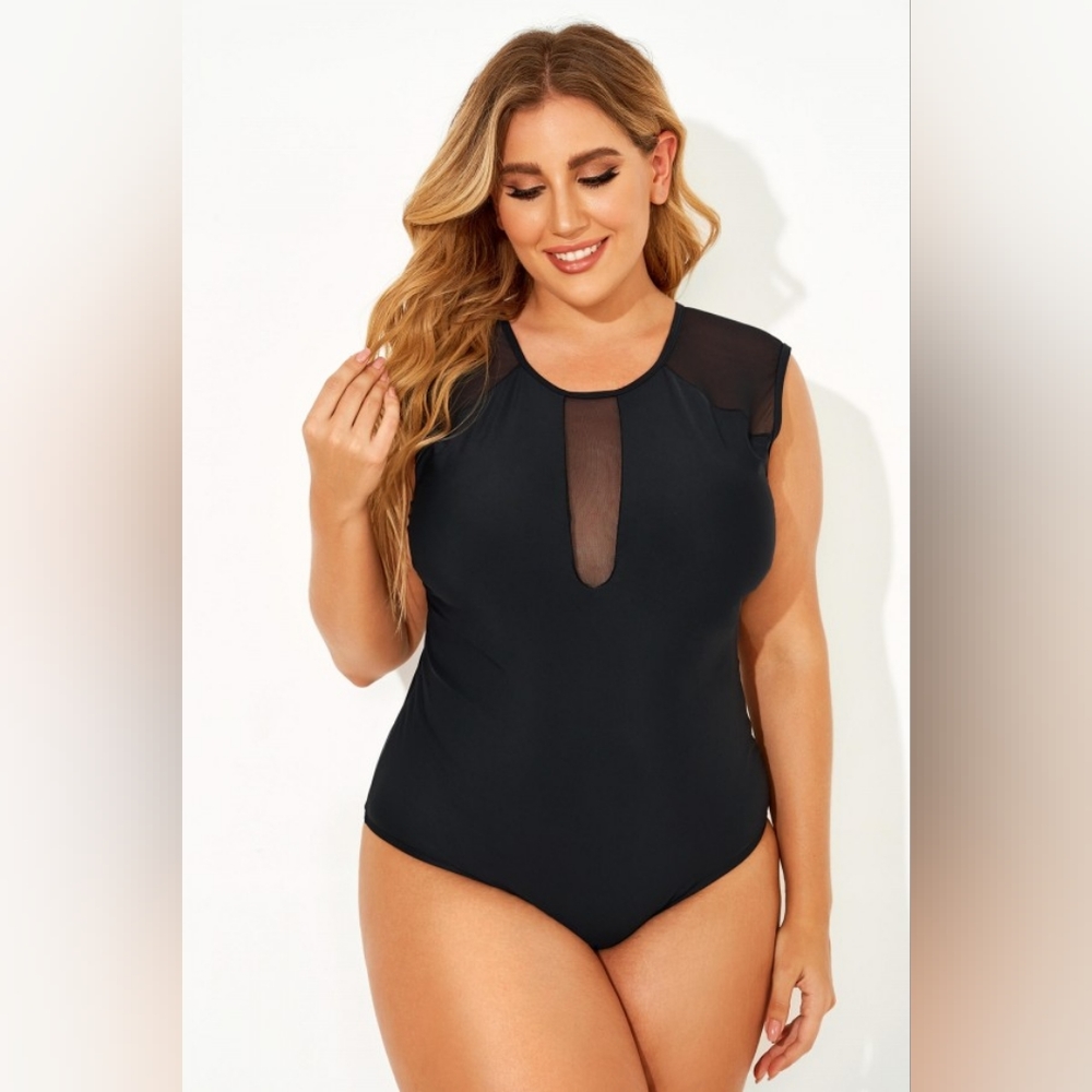 Black Sexy Mesh Shoulder One Piece Swimsuit